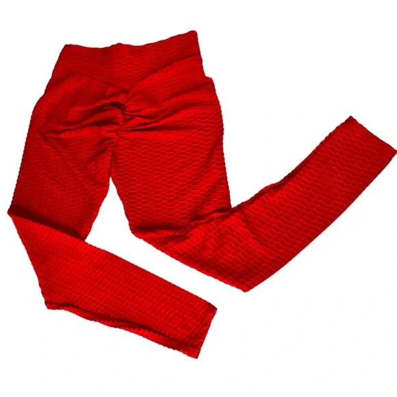 Yoga pants high stretch red textured, ruching at back to flatter figure Large - Picture 2 of 9